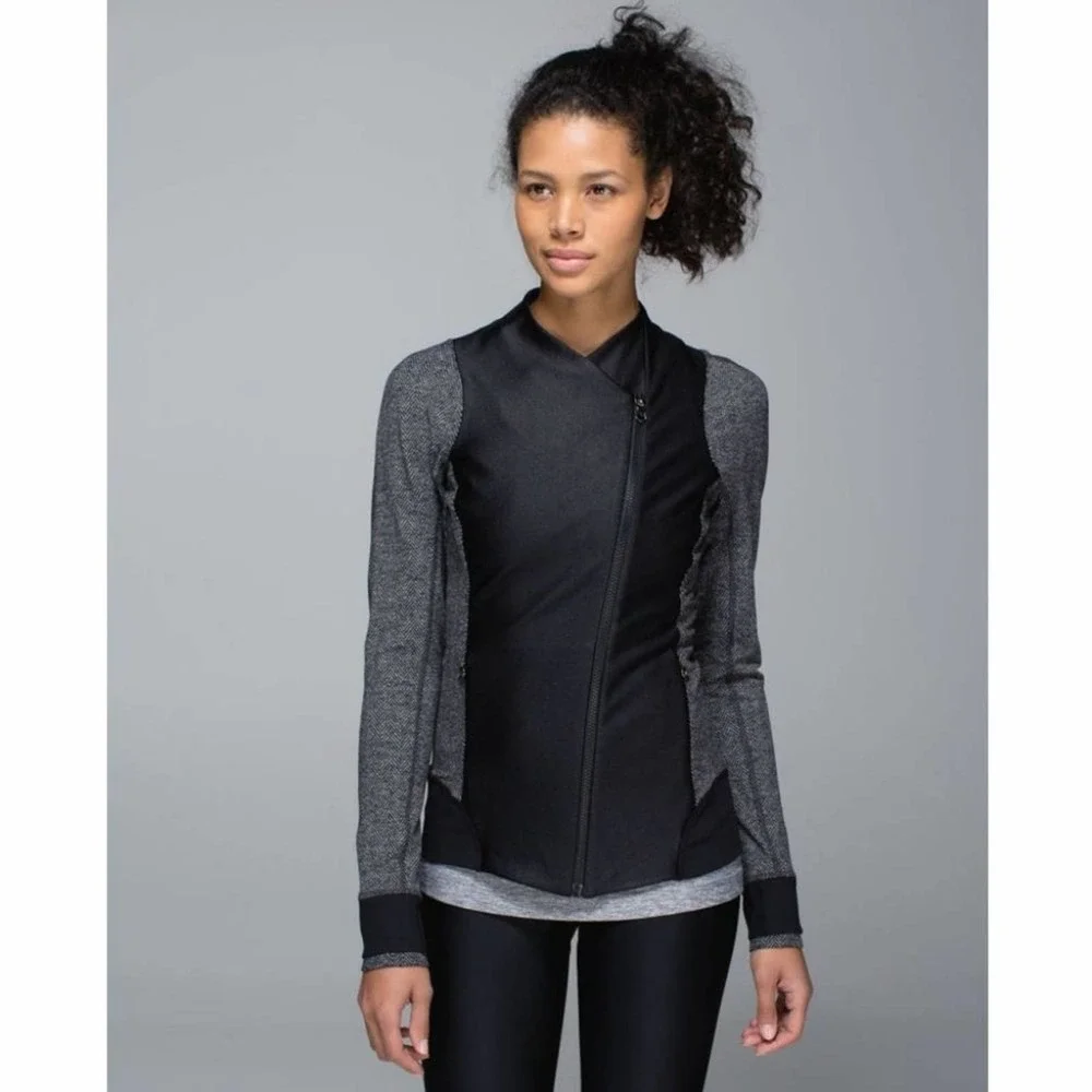Lululemon Emerge Renewed Asymmetrical-Zip Moto Jacket in Black Herringbone - Picture 2 of 9